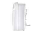 White electric fan heater with control dials on the side, viewed from the right