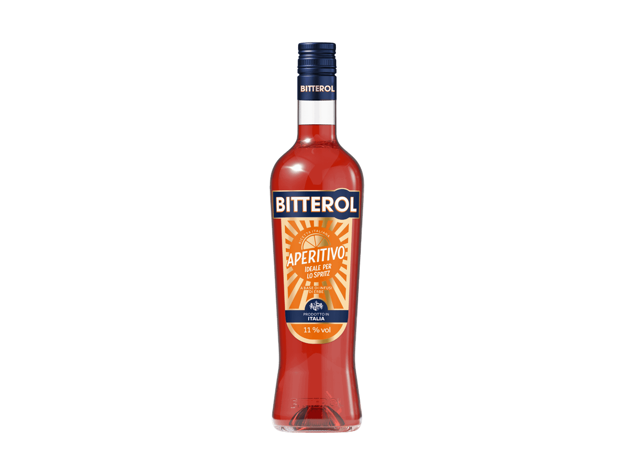 Eine Flasche Aperitif mit der Aufschrift „Aperitivo ideale per lo Spritz“ und „11% vol“.