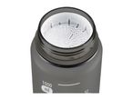 Open dark grey water bottle with a white strainer, showing 1000 ml marking