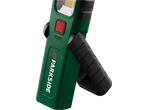 Green work light with a red power button and a black adjustable stand.