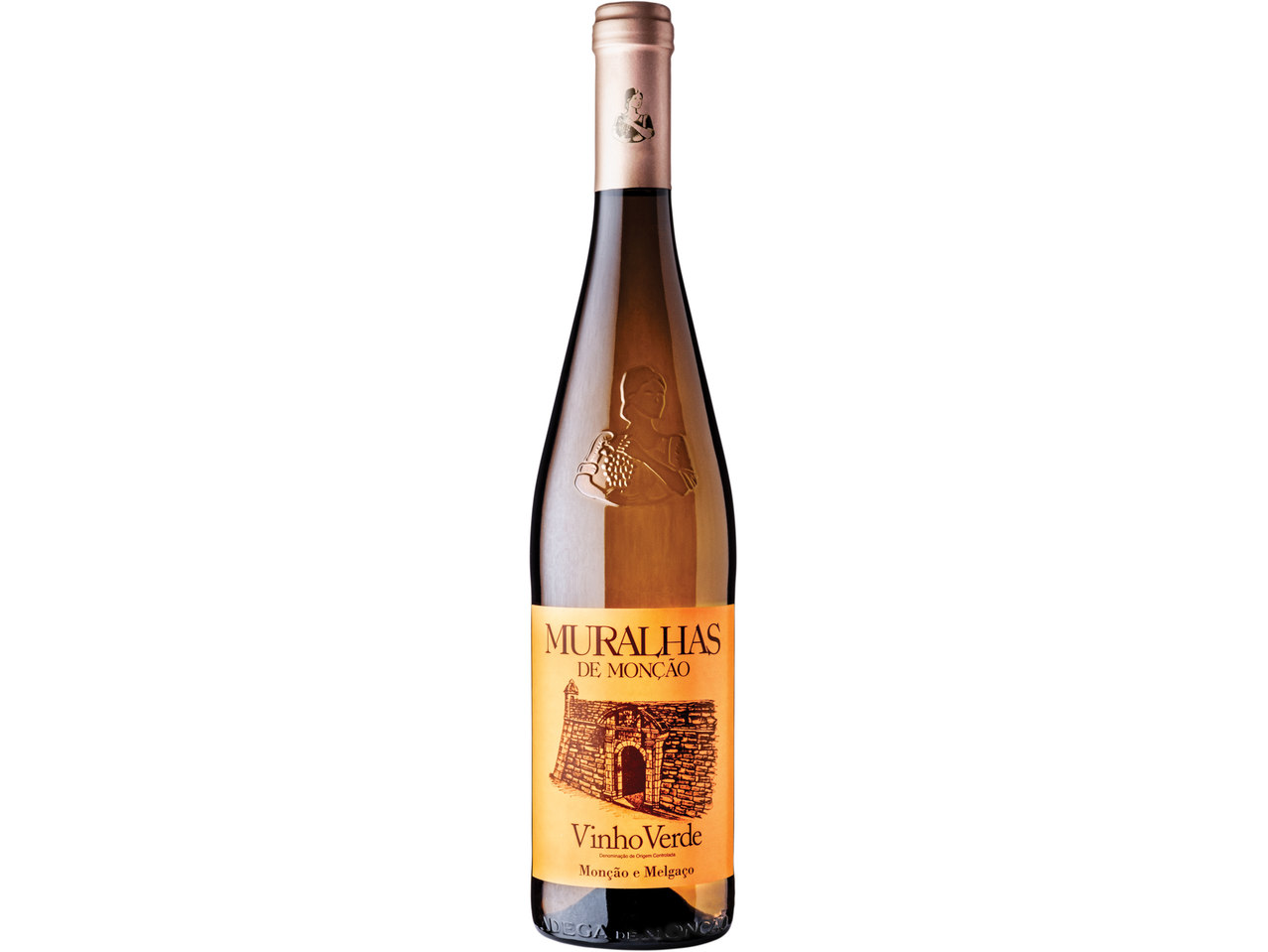 Garrafa de vinho Muralhas de Monção Vinho Verde com um arco de pedra no rótulo.