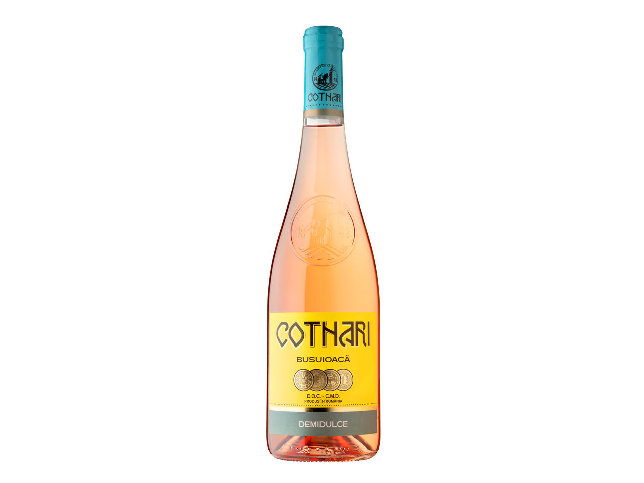 O sticlă de vin roze COTHARI Busuioacă Demidulce pe un fundal negru.