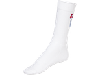 White athletic sock with red and blue embroidered text on the ankle.