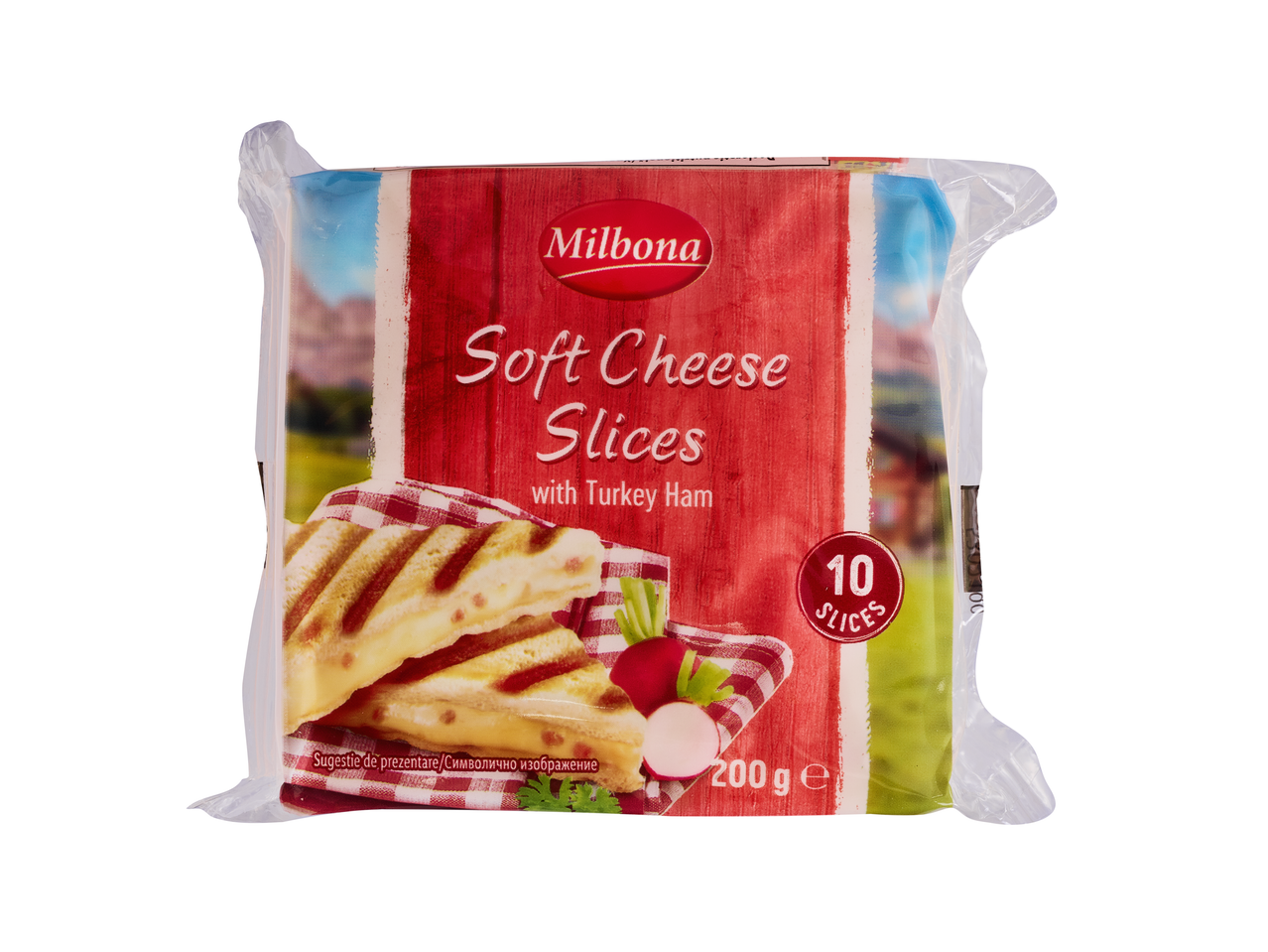 MILBONA Brânză topită felii cu șuncă de curcan, 10 felii, 200g