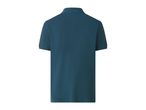 Back view of a plain dark teal men's polo shirt with short sleeves and a collar.