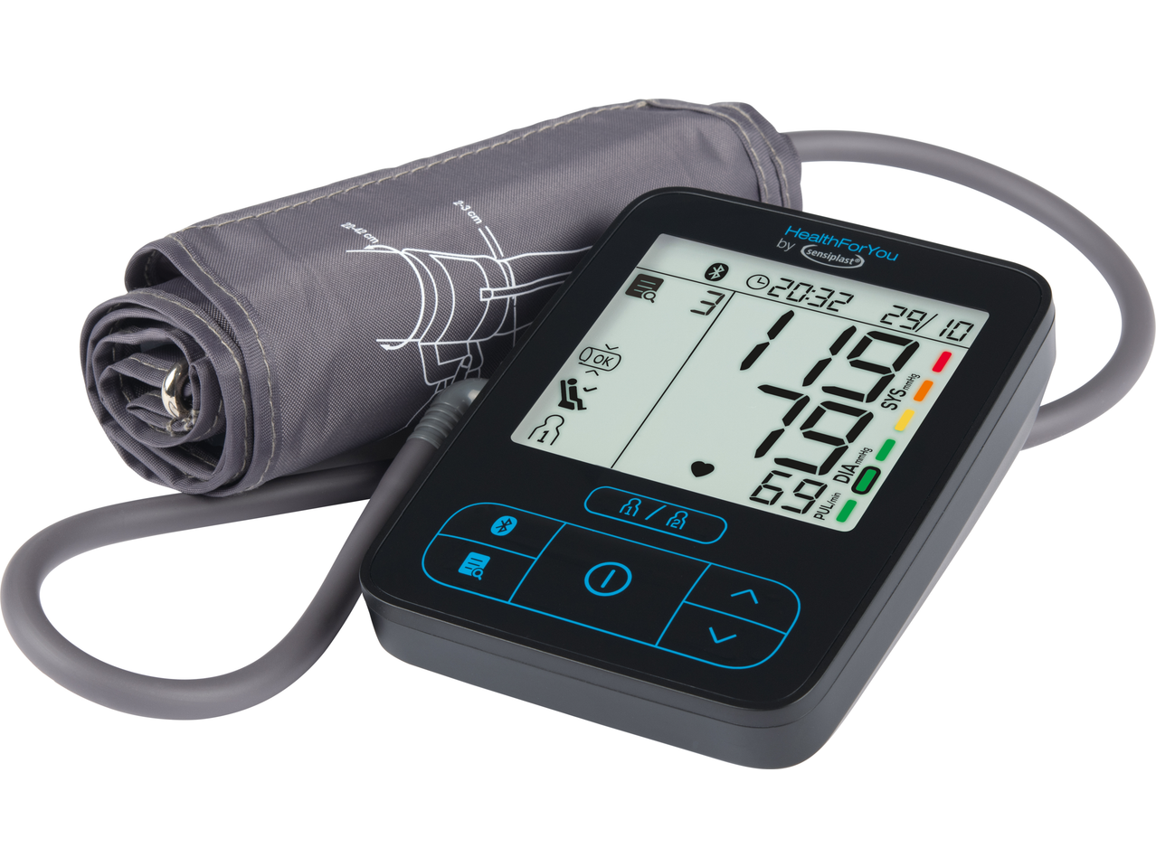 Sensiplast Upper Arm Blood Pressure Monitor with cuff, displaying 119/79 mmHg, 69 PUL/min.