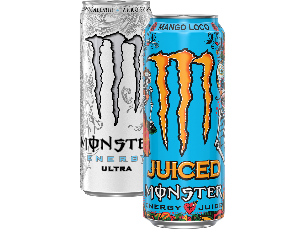 Två Monster Energy-burkar: en vit Ultra och en blå Juiced Mango Loco.