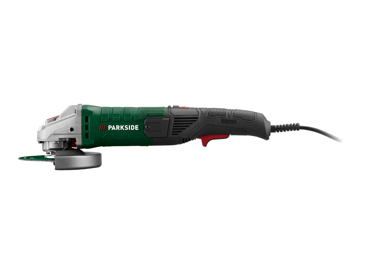 Green and black angle grinder with a cutting disc and power cord.