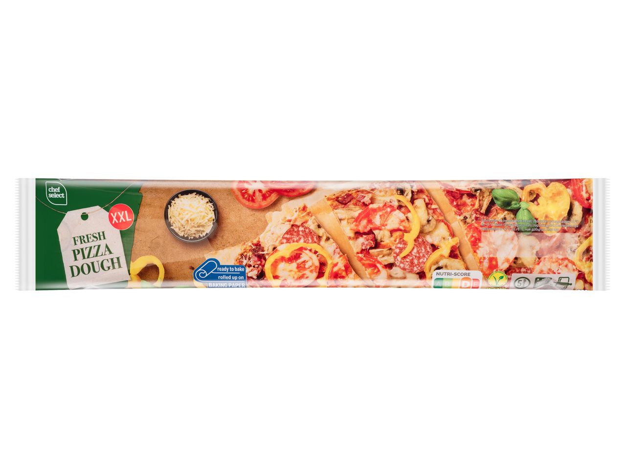 Chef Select XXL friss pizzatészta, sütésre kész, sütőpapíron feltekerve.