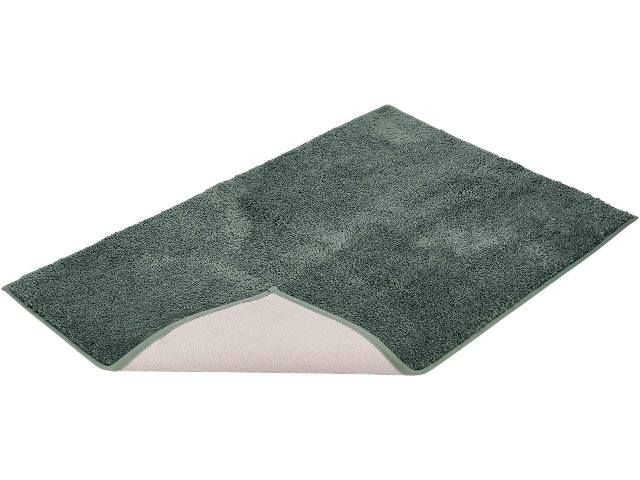 Žalias vonios kilimėlis su neslystančiu pagrindu, dalinai sulankstytas.