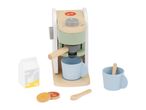 Wooden toy coffee machine with cups, milk carton, coffee pods, and stirring stick.
