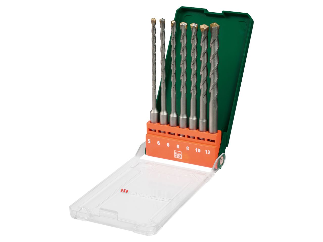 A set of drill bits in a green and orange case, with sizes 5, 6, 8, 10, and 12 visible.