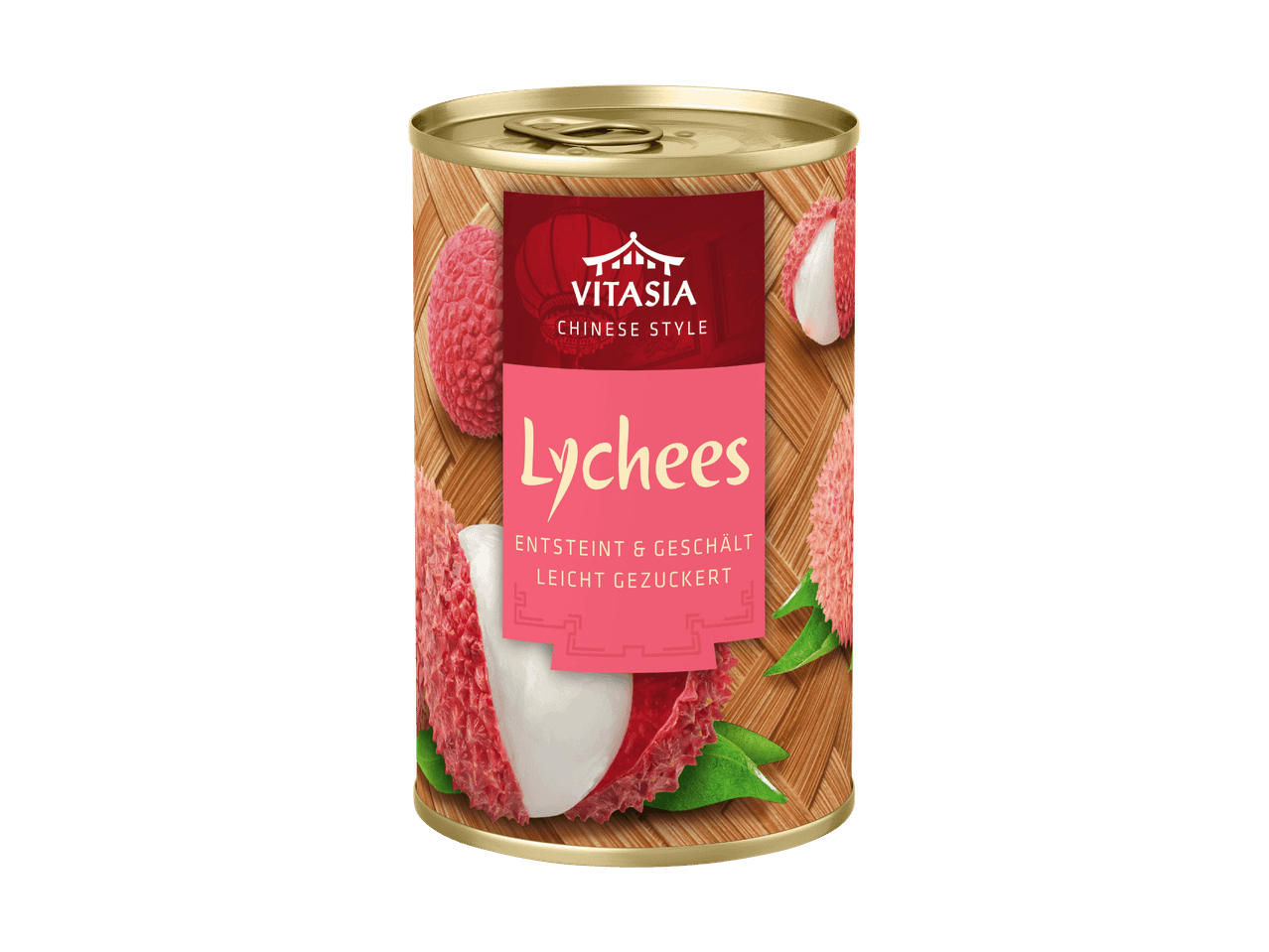Vitasia Lychees in der Dose, geschält und leicht gezuckert.