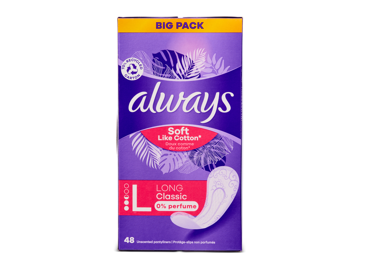 Always maandverband, lange, klassieke, ongeparfumeerde maandverbanden en pantyliners.
