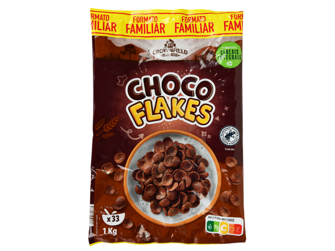 Saco de cereais de chocolate com a indicação 'Formato Familiar' e '1º Ingrediente Cereais Integrais'.
