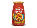 Fles rode saus met 'Easy Chicken Tonight Ajam Pangang' en een afbeelding van een maaltijd.