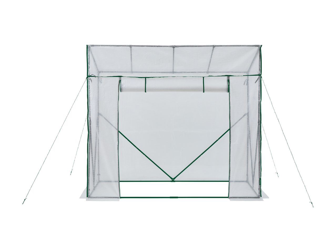 Walk-in greenhouse with a transparent cover and green frame, featuring a roll-up front panel.