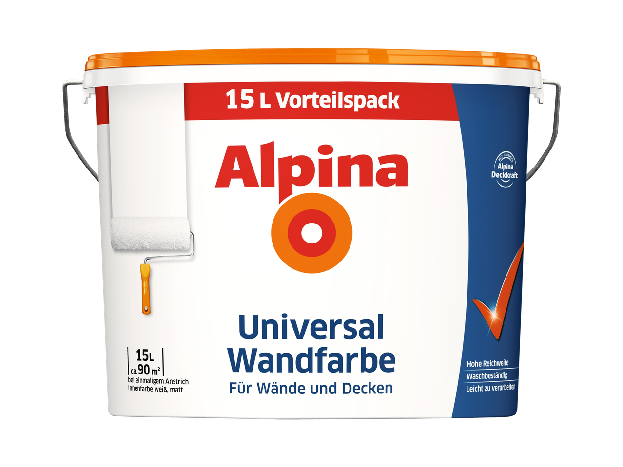 Alpina Universal-Wandfarbe, 15 L, weiße, matte Innenfarbe für Wände und Decken.