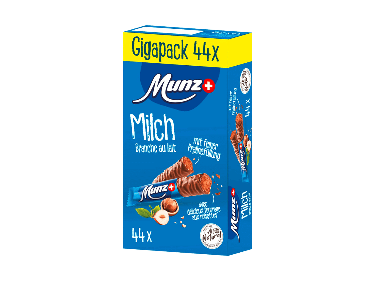 Packung mit 44 Milchschokoladenriegeln mit feiner Pralinenfüllung und Haselnüssen.