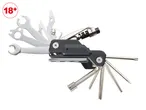 Multi-tool with wrenches, hex keys, screwdrivers, and a chain breaker, with an '18+' age rating.