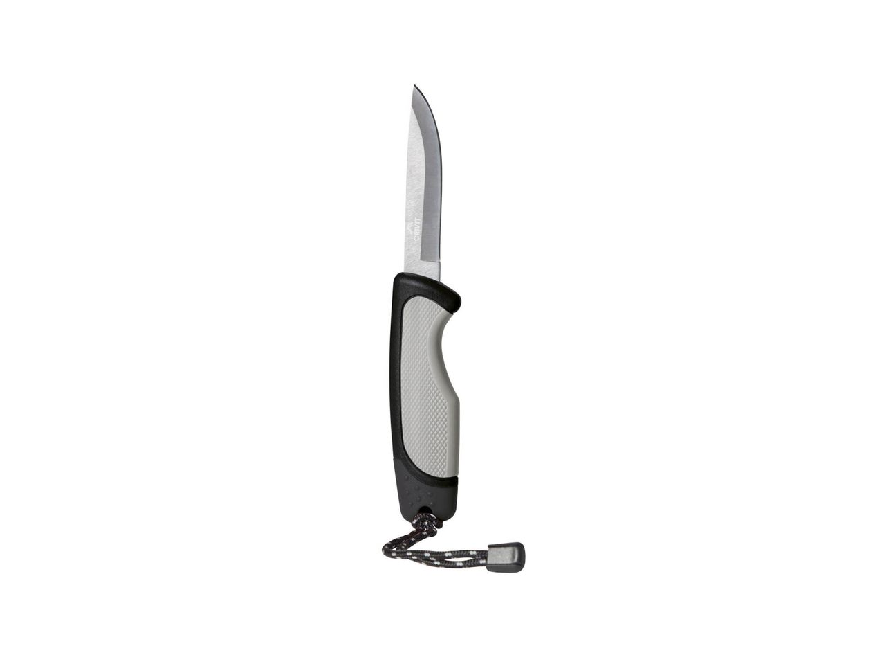 A Crivit brand knife with a gray and black handle and a lanyard.