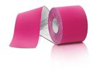 Pink kinesiology tape roll with a section unrolled, showing the grid backing.