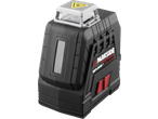 Black and grey laser level with red buttons and a yellow laser warning symbol on top.
