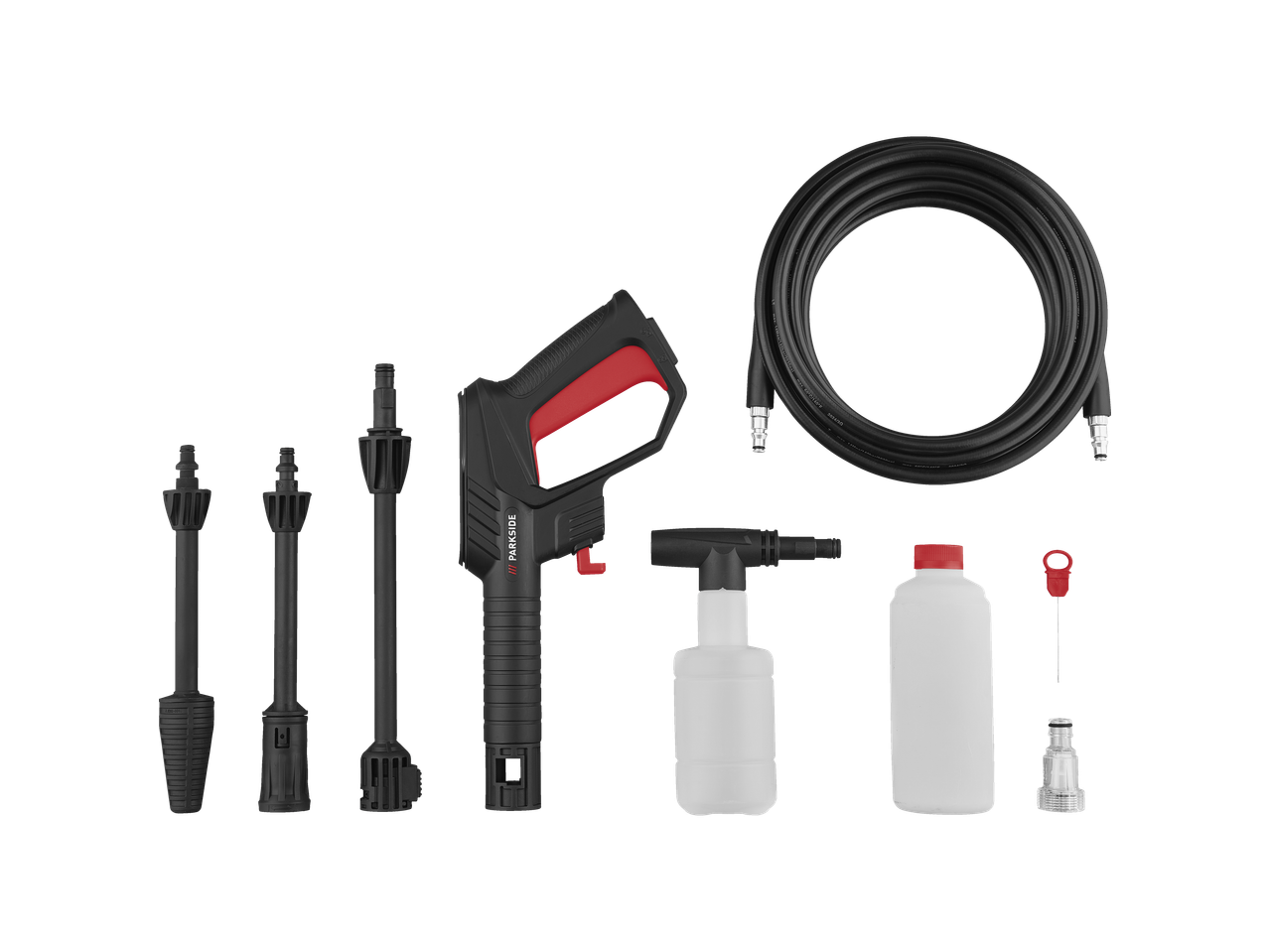 PARKSIDE® 1800W Pressure Washer with gun, hose, nozzles, and detergent bottles.