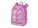 Mochila escolar rosa com estampa de camuflagem.