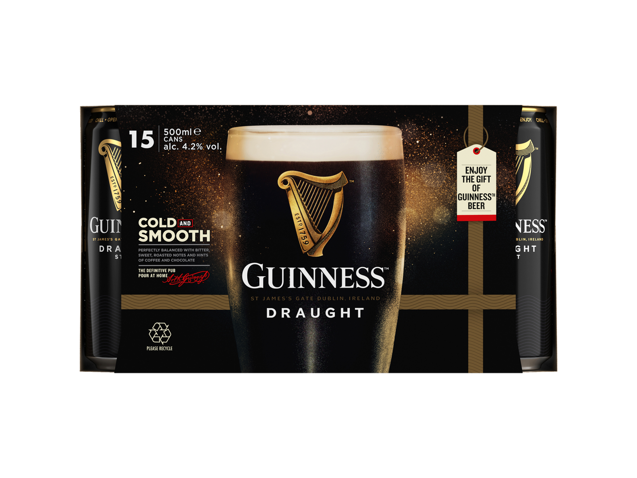 Guinness Draught Stout 15-pack of 500ml cans, 4.2% alcohol by volume.