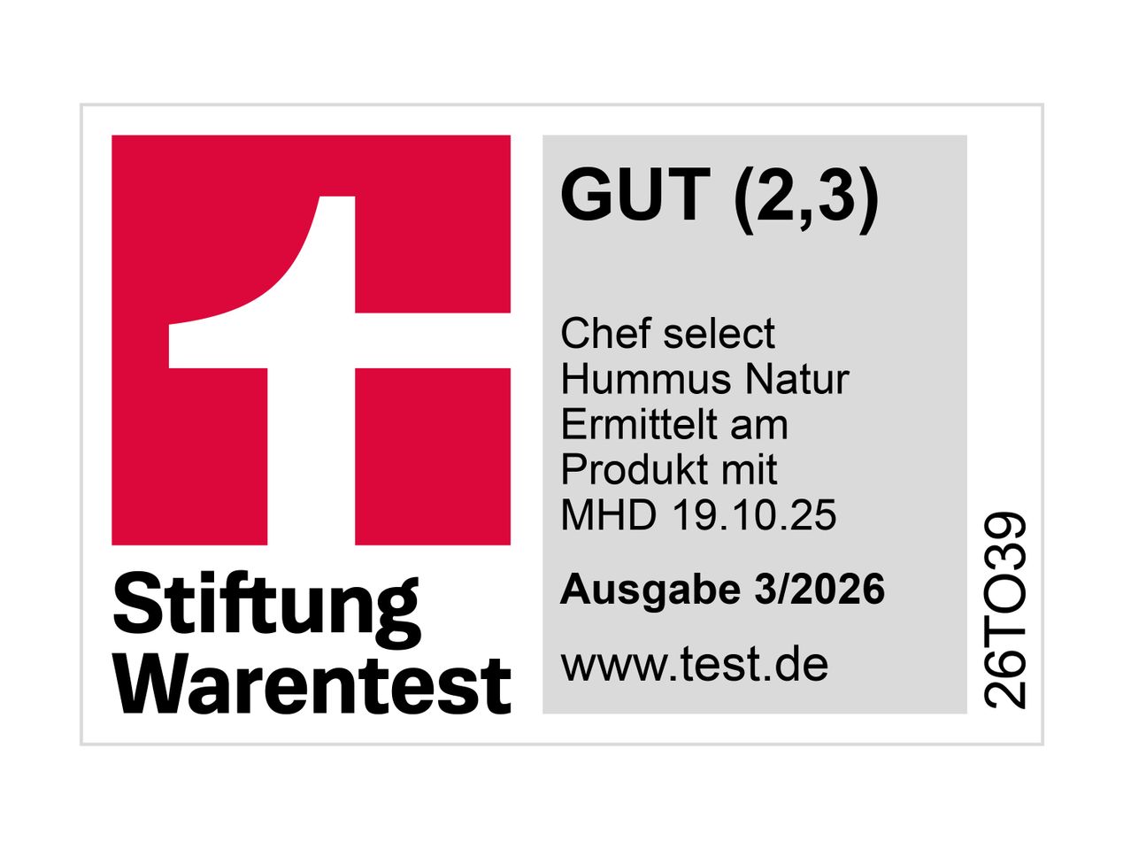Stiftung Warentest Siegel für Hummus Natur mit der Note GUT (2,3).