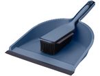 A blue plastic dustpan and brush set.