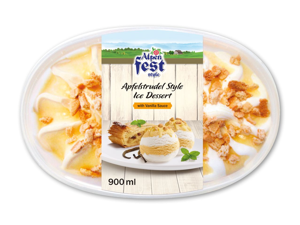 Apfelstrudel-isdessert med vaniljesauce i en beholder, med et billede af is og strudel.