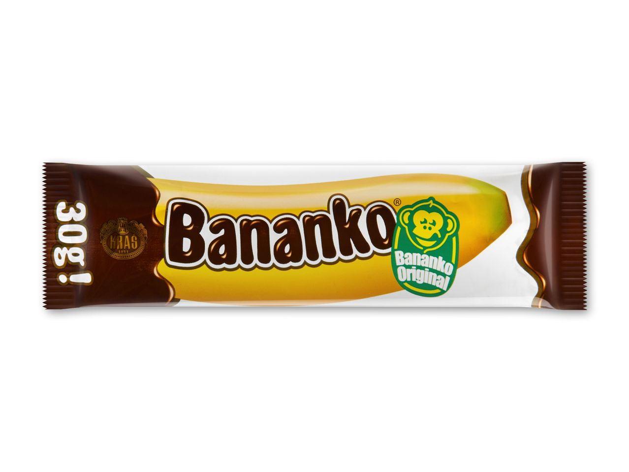 Chokoladeovertrukket bananbar med et abelogo og teksten '30g'.