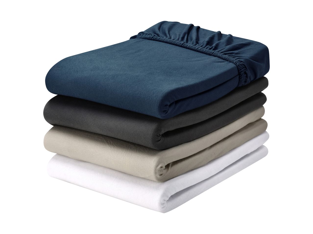 Stack of folded fitted sheets in blue, dark gray, light gray, and white