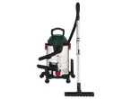 Wet and dry vacuum cleaner with a stainless steel tank and accessories.