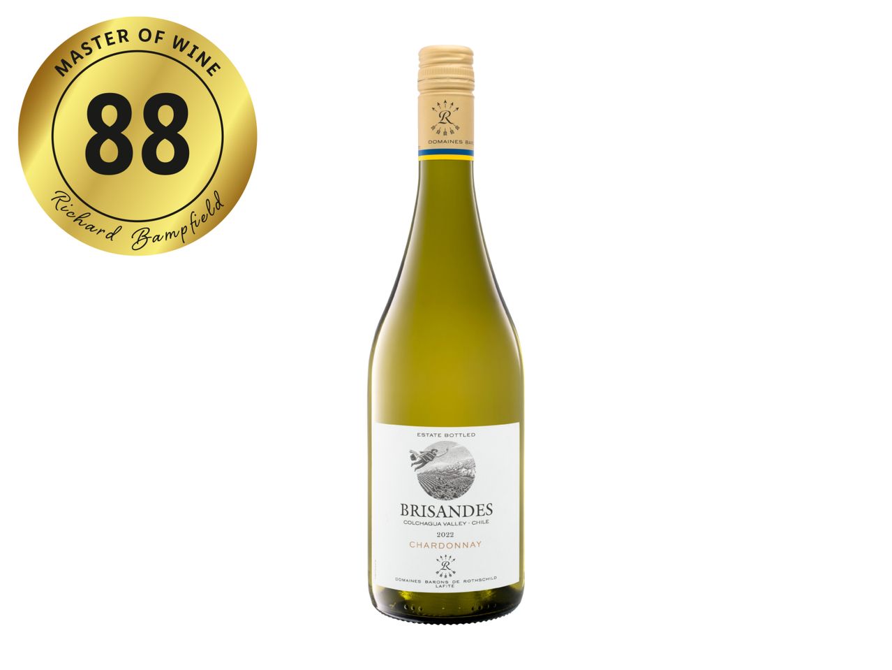 White wine bottle with a gold Master of Wine 88-point rating by Richard Bampfield.