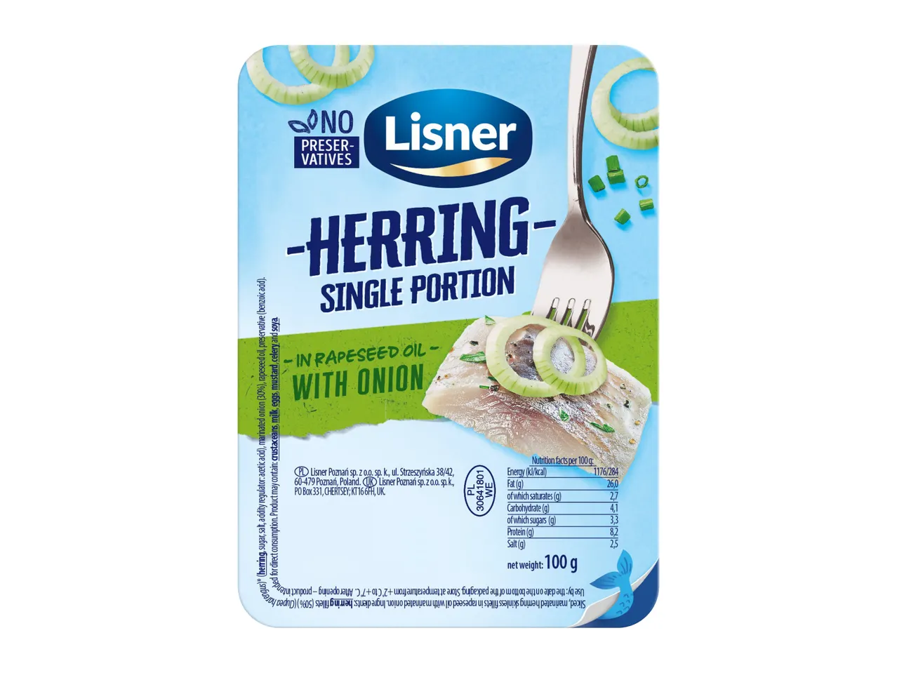 Herring single portion in rapeseed oil with onion, no preservatives, with nutrition facts.