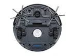 Underside of a robotic vacuum cleaner with brushes, wheels, and product information.