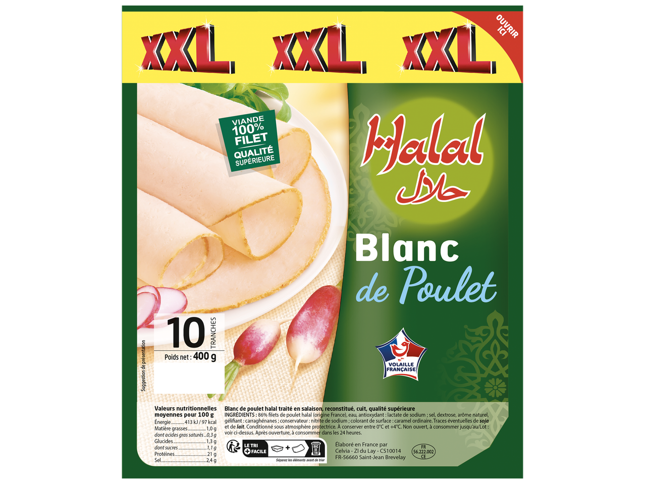 Emballage de blanc de poulet halal XXL avec 10 tranches, 400g, qualité supérieure.