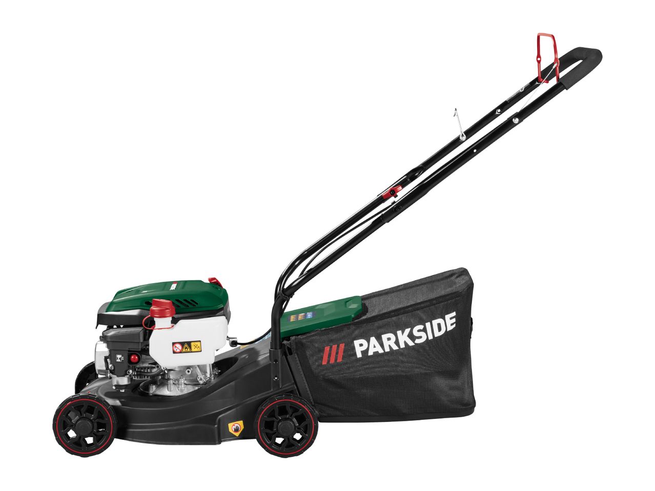 A black and green petrol lawnmower with a grass collection bag.