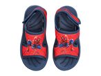 Pair of children's sandals with a red Spider-Man design and blue soles.