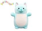 A light blue cat plush toy with a white belly and the word 'SQUISHMALLOWS' above it.