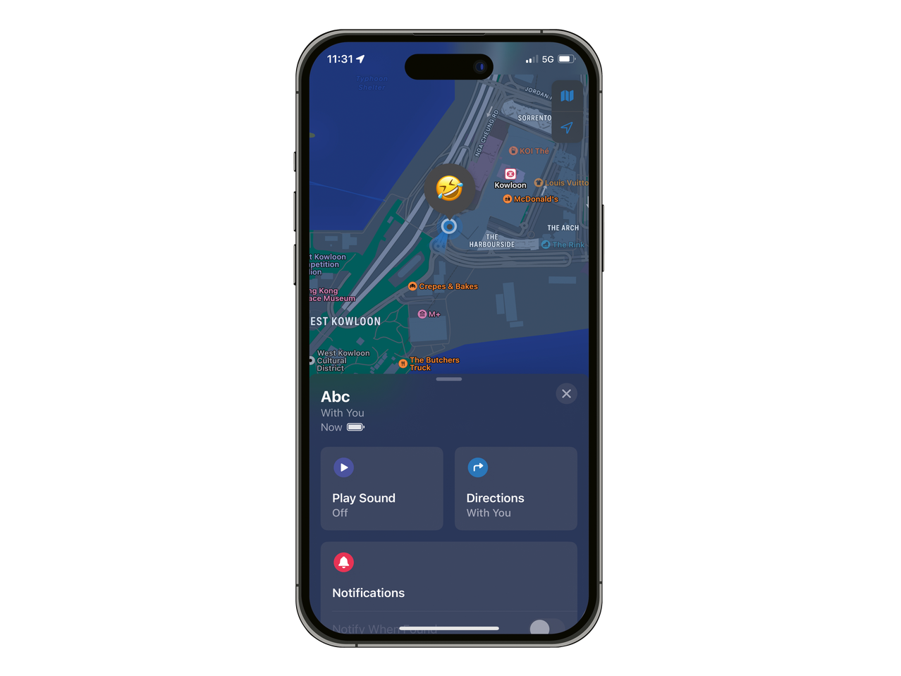 Tronic® Smart Tag Finder on a phone screen, showing location on a map.