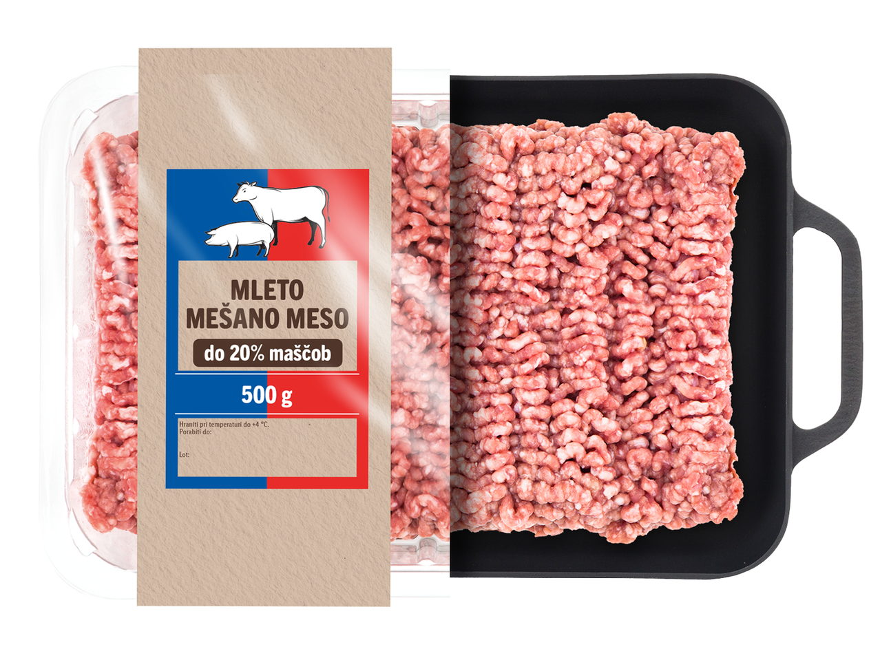 500g mešanega mletega mesa v embalaži in ponvi.