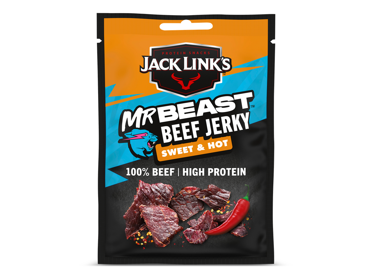 Verpakking van zoete en hete beef jerky met de tekst '100% BEEF | HIGH PROTEIN'.