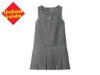Grey school pinafore dress with a heart zipper pull, labeled 'Uniform bundle'.