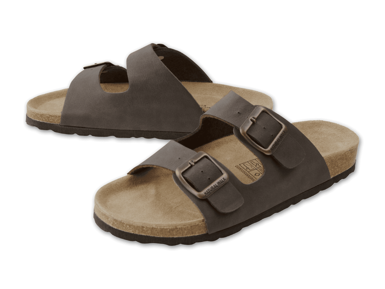 Zwei braune Sandalen mit Schnallen und Korksohlen.