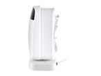 Side view of a white ceramic fan heater with a power cord