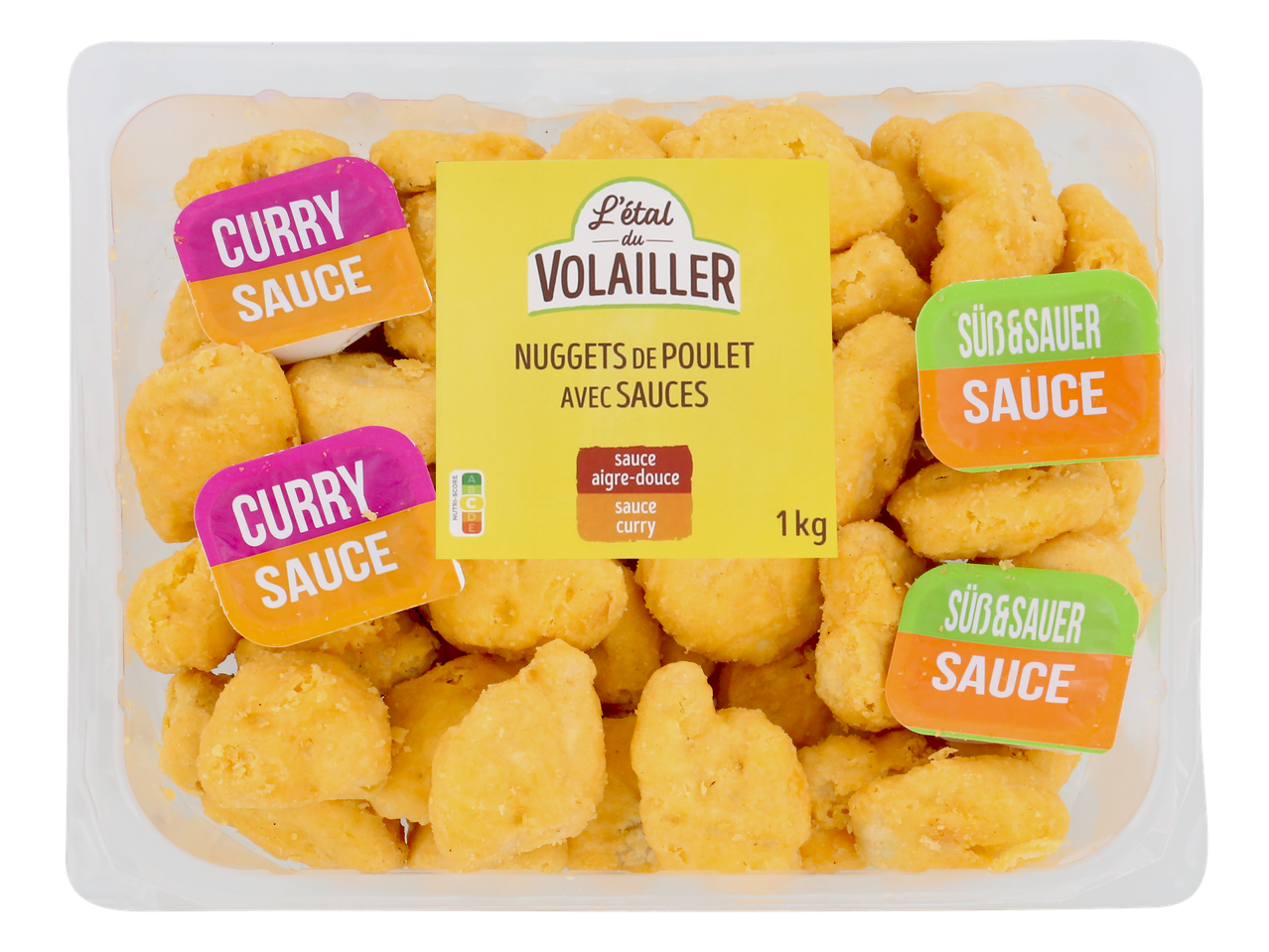 Nuggets de poulet avec sauces curry et aigre-douce, 1 kg.